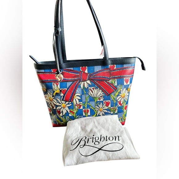 BRIGHTON BEE HAPPY LEATHER TOTE HANDBAG PURSE NAVY BLUE RED BOW HEARTS - Picture 2 of 16